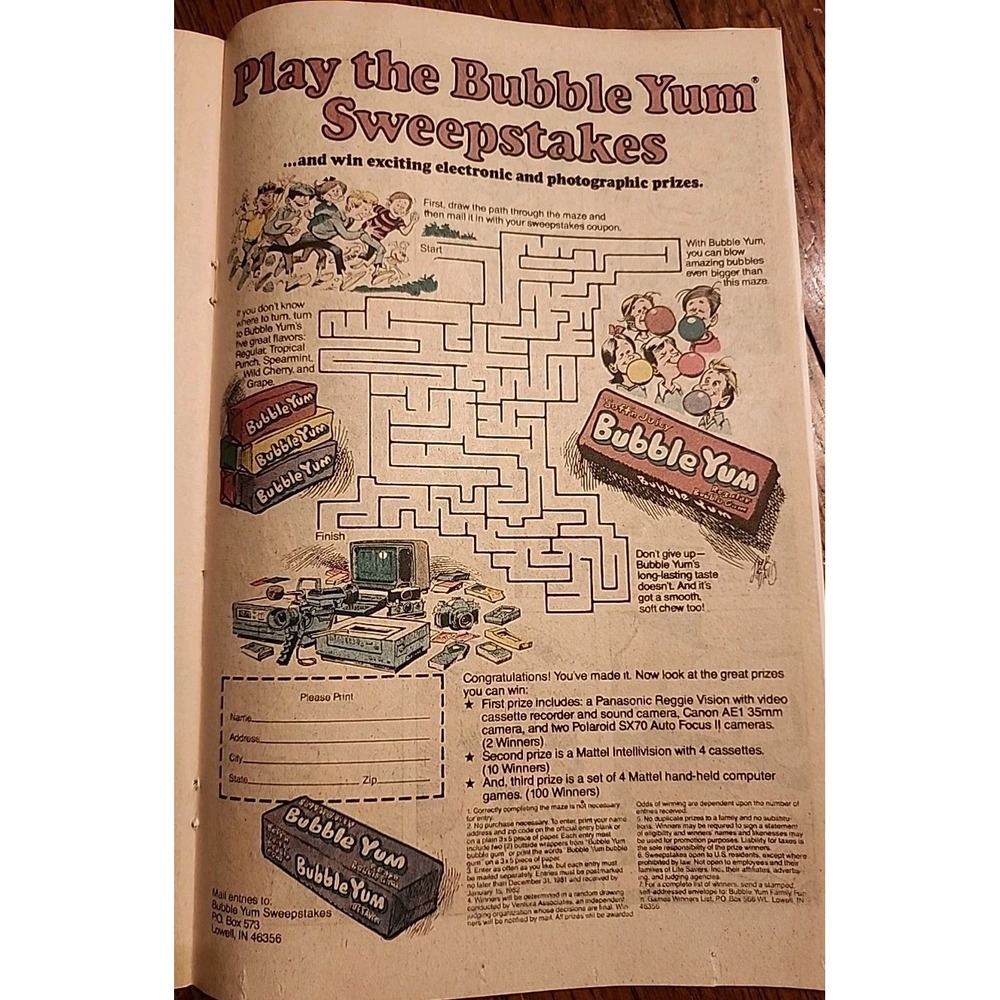 1982 VINTAGE 6.5x10 COMIC PRINT AD FOR‎ BUBBLE YUM GUM SWEEPSTAKES WITH MAZE